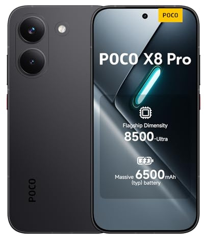 POCO X8 Pro, Smartphone 8+256 GB, Flagship Dimensity 8500-Ultra, 6500mAh (typ) battery, ultra-bright AMOLED display, 50MP Sony IMX882 with OIS, Black, 1 year extra warranty, Charger Not Included
