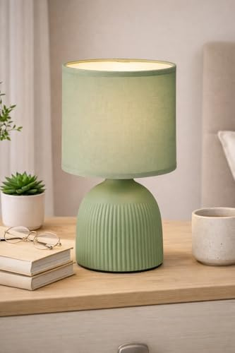 Mini Ribbed Bedside Lamp,Modern Table Light with Textured Ribbed Base, Small Nightstand Lamp for Bedroom, Desk, Shelf or Living Room Décor-A61 (Green)