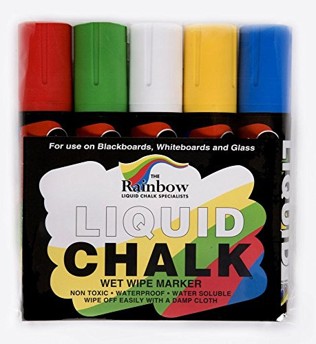 Liquid Chalk Marker Pens Large 5 Pack Assorted - 15mm Wet Wipe Erasable Marker Pen. Rain Proof For Inertior And Exterior Use On Chalkboards Blackboards Menus