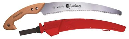 KAMIKAZE Scie d'élagage courbe W-330H avec manche en bois et lame incurvée de 330 mm. Scie à bois avec lame en acier SK-4 riche en carbone de haute durabilité. Étui à clip inclus.
