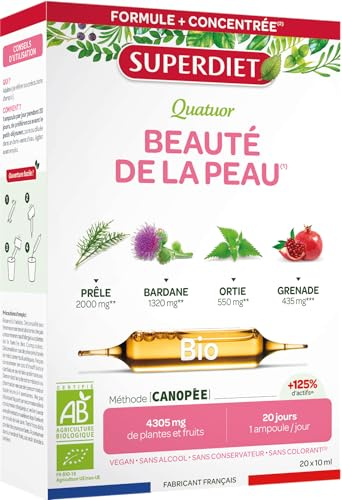 Beauté de la peau, Antioxydant-Prêle, Bardane, Ortie, Grenade-BIO- Ampoules | Cure de 20 ampoules de 10 ml - Peau terne, fatiguée, imperfections, signes de l'âge- Vegan - Fabrication française- Superdiet