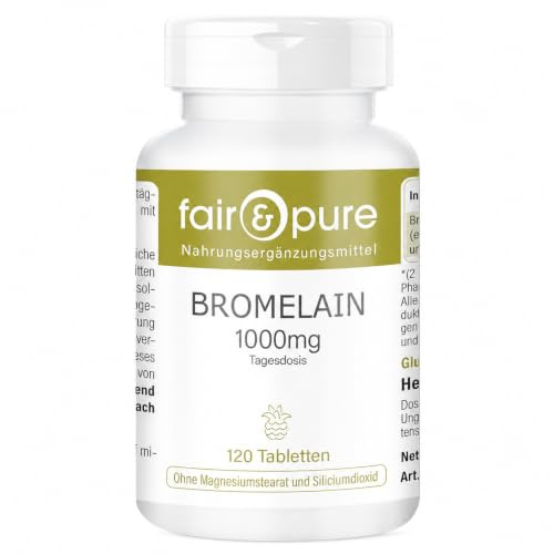 Fair & Pure Bromelain 1000mg Tagesdosis, 120 Tabletten, hochdosiertes Ananasenzym, Nahrungsergänzungsmittel vegan ohne Magnesiumstearat, in Deutschland hergestellt