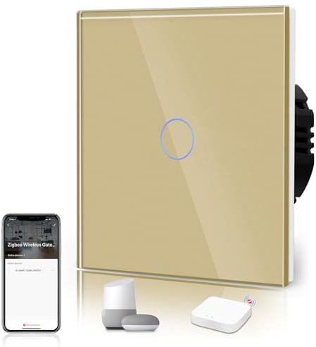 BSEED Smart ZigBee Schalter Unterputz Lichtschalter WiFi Berührungssensor Glas 2.4GHz Single Live Wandschalter (Hub Erforderlich) Kompatibel mit Alexa/Google Home/Tuya/Smart Life 1 Fach 1 Weg Gold
