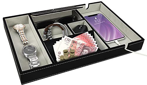 BELLE VOUS Leere Tasche aus schwarzem Kunstleder mit 6 Fächern – Aufbewahrung für Schlüssel, Geldbörse, Telefon, Uhren, Zubehör, Silber, Manschettenknöpfe – Tablett aus Leder für Nachttisch und Büro