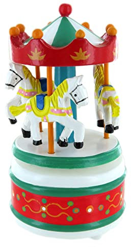 Miniatur Karussell aus Holz mit Spieluhr / Spieldose / Musikbox, rotierenden Pferden und 18-Ton-Federspielwerk - Die Zauberflöte (W. A. Mozart)