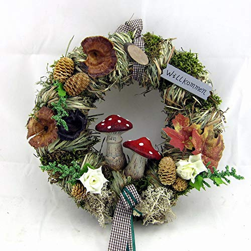 Tisch- oder Türkranz rund ø 28 cm - Kranz aus Naturmaterialien, mit Fliegenpilz - Sommer - Herbst - Winter als Willkommensgruß (Art.846)