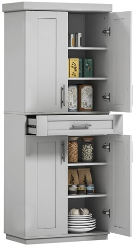 HOMCOM 72 Kitchen Pantry Cabinet, Freestanding Tall Storage Cabinet with 4 Doors, Drawer and 3 Adjustable Shelves for Dining Room, Gray