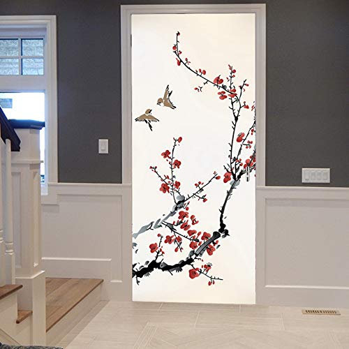 A.Monamour Türtapete Selbstklebend Türfolie Türposter 3D Japanische Tuschemalerei Sakura Blüht Kirschbaum Zweig Vögel Vinyl Folie Türdeko Tapete Wandbild Türaufkleber Türtattoo 90 x 200 cm