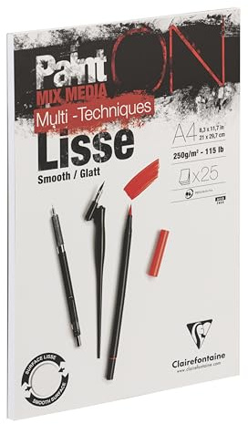 Clairefontaine 975729C Bloc Collé PaintON Multi-techniques - 25 Feuilles Papier Dessin Multi-techniques à la Surface Lisse - Blanc - A4 21x29,7 cm 250g