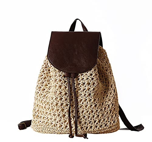 H.S.G.K Mochila de paja para mujer, de verano, a la moda, color beige, trenzada, bolsa de hombro para playa
