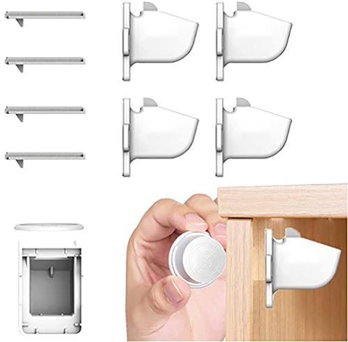 Retoo Blocco magnetico per bambini con chiave, 4 pezzi di sicurezza per armadi e cassetti, senza foratura, per armadi e cassetti, serratura magnetica invisibile, bianco