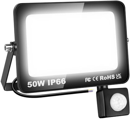 AUXTINGS 50W utomhus LED strålkastare PIR rörelsesensor, 5000LM utomhus LED säkerhetsbelysning, vit 6000K ljus lampa för lagergarage Stadium Bakgård, 175V-260V IP66