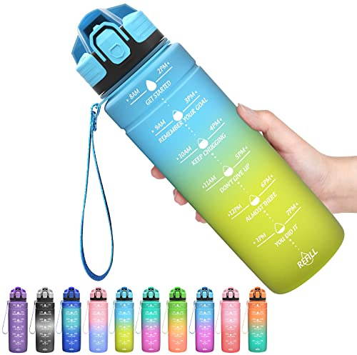 Coolfel Gourde, 500ml/700ml/1l/1,5l/2l, Sport Gourde, Bouteille d'eau Reutilisable Étanches sans BPA Plastique avec Marqueur de Temps pour Running, Randonnée, Camping