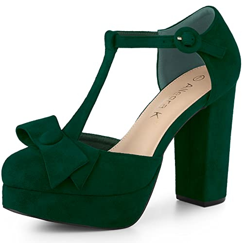 Allegra K Women Halloween Party Chunky Platform Pumps Heels Dress Shoes | T-Strap Mary Janes with Bow. Round Toe Block Heel. ABS Heel. Office Casual Cosplay Dating Christmas Days