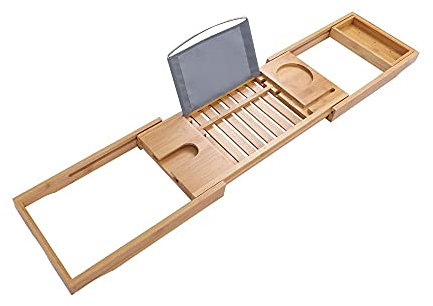 ACiyD Ausziehbares Bambus-Badewannen-Tablett, verstellbares Badewannen-Tablett aus Holz für zu Hause, Buch, Wein, Tablet-Halter, Leseregal
