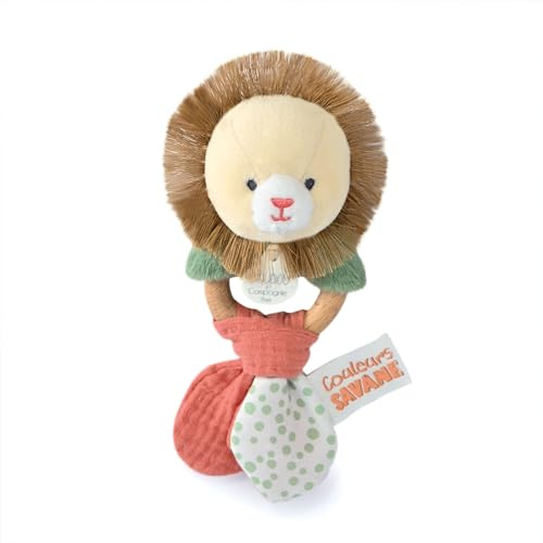DOUDOU ET COMPAGNIE - Éveil Sensoriel Grelot - 15 cm - Collection Hochet Lion Bois Naturel/Couleurs Savane - Idée Cadeau Naissance Filles Garçons - Peluche pour Stimulation de l'Enfant - DC4067