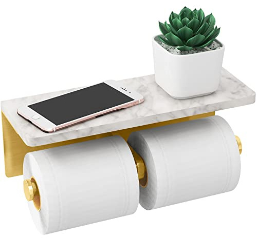 Gebürstetes Gold Toilettenpapierhalter mit Ablage, neues Upgrade Doppel-Toilettenpapierhalter mit Aufbewahrung, Marmorrolle Toilettenpapier Wandhalterung für Badezimmer Waschraum | Toilettenpapierhalter mit Aufbewahrung, Toilettenpapier-Wandhalterung für Badezimmer Waschraum
