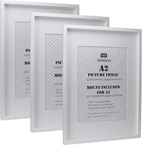 Bilderrahmen A2 (42 x 59,4 cm) Mit Passepartout für A3 (29,7 x 42 cm), Weiß, Holzoptik, Posterrahmen, 3 Stück