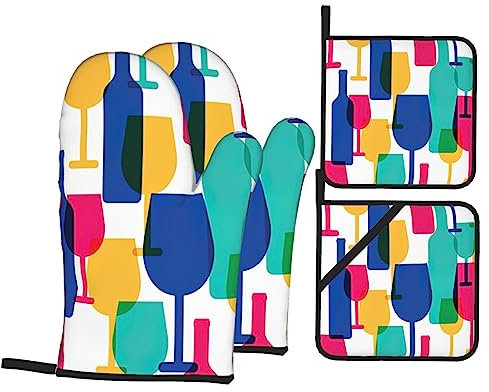 Cocktail Glasses and Wine Bottles Heat Insulation Oven Mitts and Pot Cover Pad,4-Piece Set,for Cooking Baking Grilling