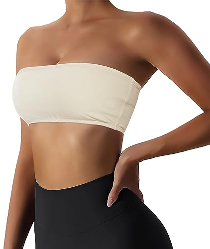 Boudaner Women’s Padded Bandeau Sports Tube Top Bra Strapless Wireless Solid Seamless Yoga Workout Bralette Beige