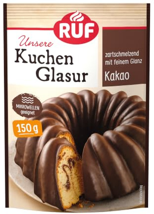 RUF Kuchen-Glasur Kakao, Schokoladen-Glasur im 150 g Beutel, mikrowellengeeignet, zum Glasieren von Plätzchen, Kuchen & Muffins, 1 x 150g