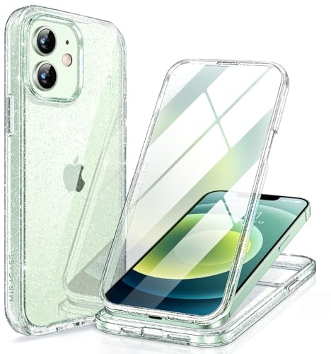 Miracase Compatible with iPhone 12/12 Pro Case 6.1 inch, [Built-in 9H Tempered Glass Screen Protector] Full Body Rubber Bumper Clear Back Case Cover (Clear Glitter)
