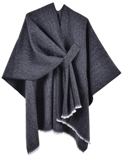 Shmily Girl Poncho Femme Tricot Cape Réversible Couverture Elégante Epaule Chaude Echarpe Tricotée Manteau pour Printemps Automne (Noir)