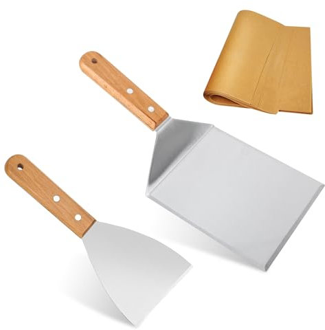 smtfcty Set di 2 spatole per barbecue con manico in legno, posate per barbecue, in acciaio inox, con carta per hamburger, spatola per smash hamburger, spatola Plancha, accessori teppanyaki