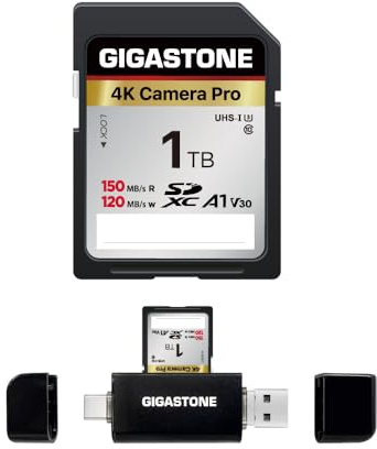 GIGASTONE 1TB SDXC Speicherkarte mit USB-Typ-C-Kartenleser, 4K Kamera Pro, bis zu 150/120 MB/s, für Digitalkamera Canon, Olympus, Panasonic, A1 V30 U3 UHS-I Klasse 10, mit 1 Mini-Hülle