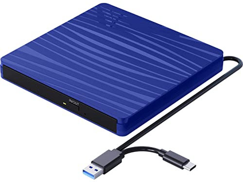 QDSYLQ Lettore CD DVD Esterno per PC Portatile USB 3.0, Slim USB C CD DVD RW Masterizzatore CD Esterno per Macbook, Desktop, PC, Laptop, Compatibile con Windows 11/10/XP/8/7/Vista/Linux/MacOS, Blu