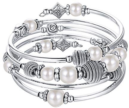FULU AUTUMN Bracciale in Argento Multistrato da Donna Bracciale Avvolgente Boho Gioielli da Polso per Donna Regalo di Compleanno San Valentino(White Pearl)