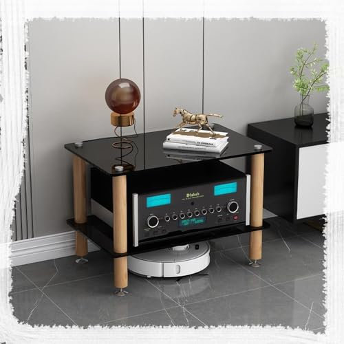 HAEKEBC HiFi Audio Video Geräteschrank Massivholz Gehärtetes Glas Verstärkerschrank Professionelles Rack Audio Tower Mehrschichtiger Stoßfester Medienständer(Black,2 Tier)
