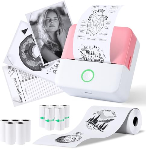 PRAOAHEI Mini Drucker, Tragbarer Thermodrucker mit 10 Rollen Druckerpapier | Bluetooth Etikettendrucker, Sofortdruck Aufkleber Drucker, Fotodrucker für Notizen, Fotos, Tagebücher, Basteln, (Rosa)