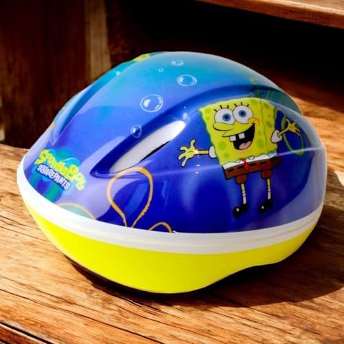3-teiliges Kinder Schutz-Set, Belüftetes und buntes Spongebob Schwammkopf Motiv, Fahrrad-Helm mit Knieschoner und Ellenbogenschoner, Zubehör ideal als Kinderhelm für Jungen und Mädchen, Größe 52-56cm