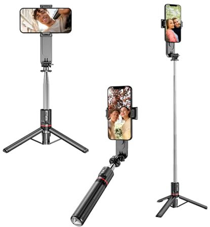 Bastone per Selfie con Treppiede, lunghezza 114cm, Luce removibile e regolabile in intensità, Telecomando per foto da remoto, Perfetto per Vlog, Youtube, TikTok, compatibile con Android e Iphone