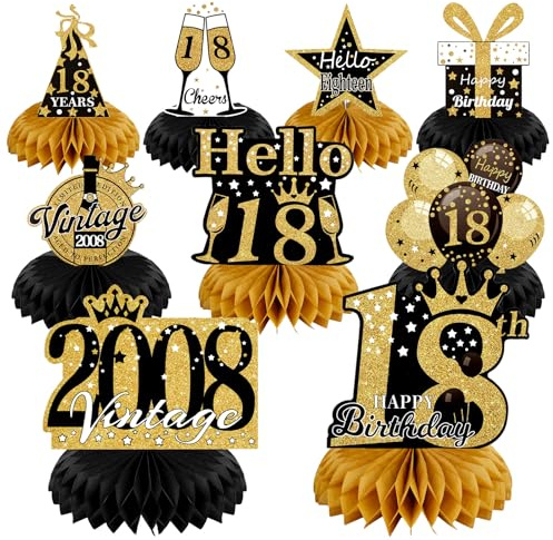 18th Birthday Table Decorations, 9Pcs Black & Gold Table 2008 Birthday Deco | 18th Honeycomb Centerpieces Party Table Decorations for Girls and Boys,Vintage Decor Happy 18s Birthday