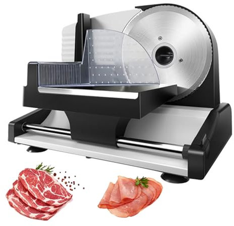 Cortadora de carne eléctrica para uso doméstico, 200 W, cortadora de alimentos para delicatessen, diámetro de hoja de 19 cm/grosor ajustable de 1 a 15 mm para queso y pan, color plateado
