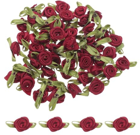 sourcing map 30 Pcs Wine Red Mini Ribbon Bows Roses 5/8 x1-3/16 Tiny Satin Bows Roses for Sewing Appliques Crafts Little Artificial Flowers
