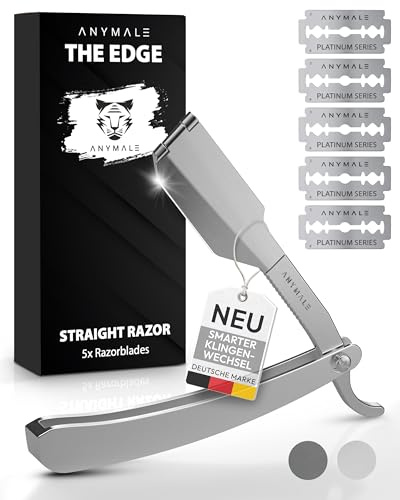 ANYMALE® Premium Rasiermesser mit Wechselklinge The Edge für Herren aus Metall - Straight Razor Bart & Konturen inkl. 5 x Klinge - Edelstahl Barber & Friseur Nass-Rasierer Bartmesser Set (Silber)