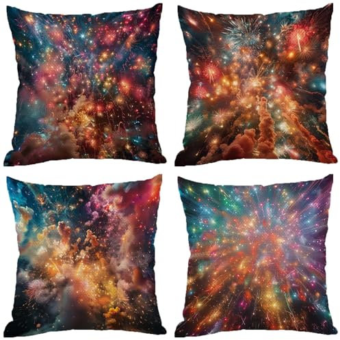 Federe Cuscini Divano 55x55 Set di 4 Colore Cuscini da Esterno Fuochi D'Artificio Impermeabili Lino Doppia Faccia Federe, Motivo Cerniera Invisibile Disegno per Home Room Divano Giardino Decor Z-177