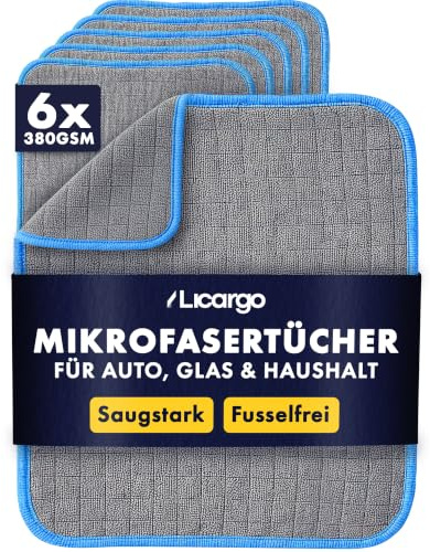 LICARGO Lot de 6 chiffons en microfibre 380 g/m² - 40 x 40 cm - Chiffons de nettoyage pour voiture - Chiffon de polissage - Chiffons en microfibre non pelucheux pour voiture, moto et maison - Chiffon