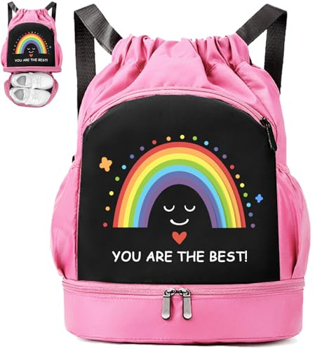 YOUYIKE Borsa da nuoto per bambini, motivo: calcio e arcobaleno, scomparto inferiore, zaino impermeabile, borsa sportiva con coulisse, borsa sportiva per ragazze e ragazzi, Rosa, 30x16x42 cm
