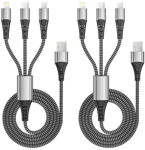 Multi Charger Cable [1.2M 2Pack], 3 in 1 Charging Cable Nylon Braided | USB Multi Charger Cable Lead with Micro USB Type C Lightning Cable Connector for iPhone, Android, Samsung Galaxy, Huawei