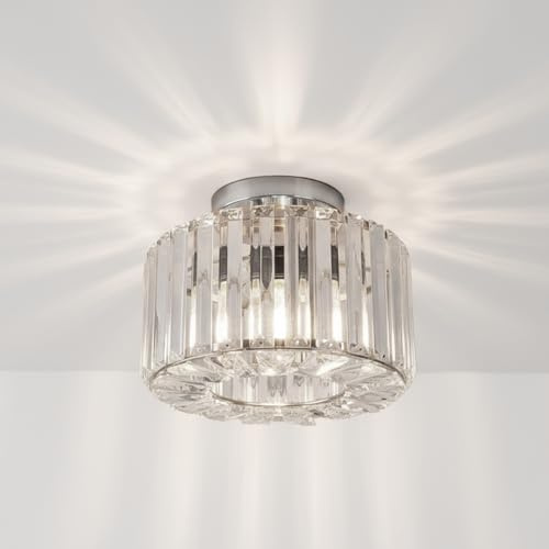 HAUSPRO New York Crystal Ceiling Chandelier Light, Luxury Semi Flush Mount Ceiling Fixture with Clear Crystals, Elegant Lighting for Bedroom, Hallway, Entryway (Silver)