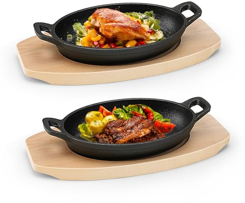 Nagoyuki 2 Set Cast Iron Skillet with 2 Handles, Medium Gratin Dish with Wooden Serving Stand, Cast Iron Pan for Kitchen Baking Cooking Frying,18cm x 12cm