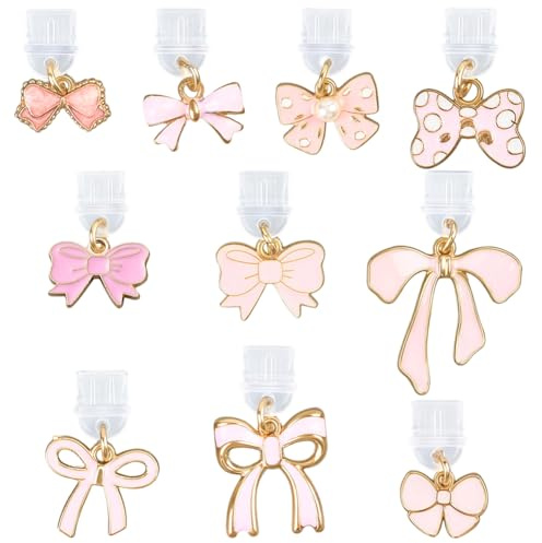 SUNNYCLUE 1 Box 10 Styles Bow Dust Plug Charm Type C Pink Dust Plug Charm Metal Enamel Cute Bowknot Dustproof Charging Port Cover Coquette Pendants for Cellphone Pad Kindle Type C Protector Cleaning
