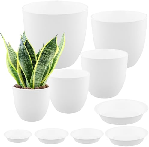 YUENPUN 10 Pack Plastic Plant Pots with Drainage Holes and Saucers, 18/16/14/12.4/11.5cm Home Decor Flower Pots Set for Indoor Plants (White)
