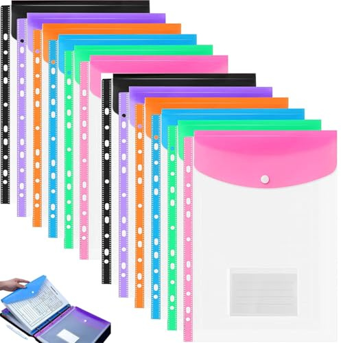 Plastic Wallets A4,Punched Pockets A4,12 Pack Plastic Folders,Expandable Envelope Document Files with Button,Tab Card, for School, Office, Home, Travel (Vertical)