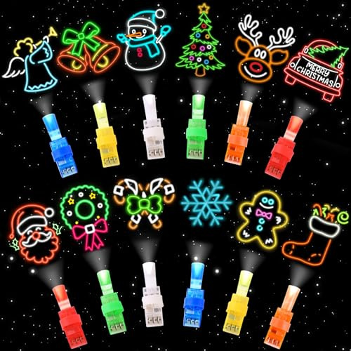 JOLCEEY 36pcs Christmas Finger Lights, 12 Styles Finger Flashlights Bright Finger Lamp Clip Glow in The Dark for Xmas Party Favors Goodie Bag Fillers