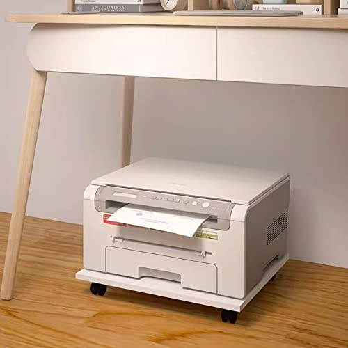 Mobile Printer Stand with Wheels - White Rolling Printer Cart for Home Office Movable Copier Shelf with C Holder Tray Under Desk Storage Solution Versatile Printer.